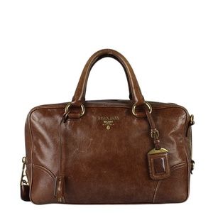 Prada BL0821 Bauletto Brown Leather Satchel Bag (209387)
